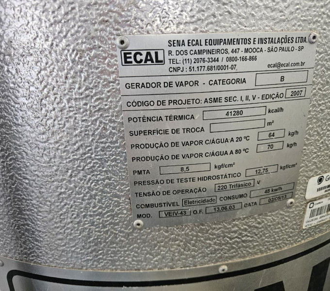 01 VASO DE PRESSÃO ECAL (GERADOR CDE VAPOR) P/T 41.250 KCAL/H, 01 PAINEL ELÉTRICO, 02 LÂMINAS DE INOX COM TUBO DE VAPOR DE CALDEIRA, DIV. PEÇAS DE CONEXÕES DE INOX
