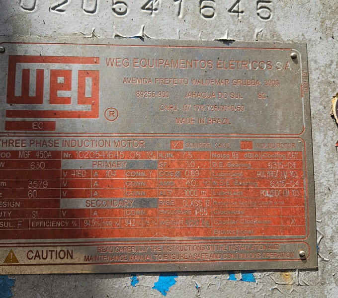 01 EXAUSTOR C/ MOTOR WEG 630CV, K-4101 C/ BASE DE VIGAS
