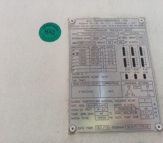 Transformador a seco trifásico TR-62 MAG 6500KVA, 15KV + Ativo Item 2 + item 8