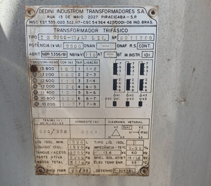 Transformador Trifásico Dedini 2500KVA