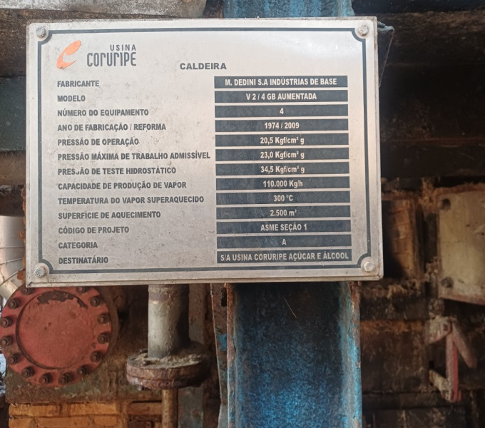 Caldeira Dedini modelo V2/4GB aumentada: Cap. 110.000KG/H, 23KGF/cm²g com lavador de gases e e chaminé em AC (Não acompanha motores elétricos, cabos e exaustores)