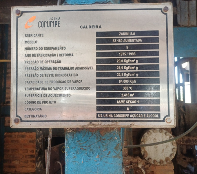 Caldeira Zanini S.A: Cap. 94.000KG/H, 31,9KGF/cm²g com lavador de gases e chaminé em AC (Não acompanha motores elétricos, cabos e exaustores) + Ativo I1C1