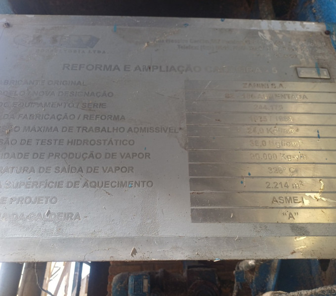 Caldeira Zanini S.A: Cap. 94.000KG/H, 31,9KGF/cm²g com lavador de gases e chaminé em AC (Não acompanha motores elétricos, cabos e exaustores) + Ativo I1C1