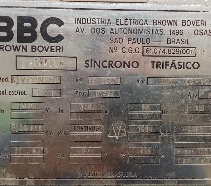 Gerador Síncrono Trifásico BBC WGWe 900 8125KVA + Ativo I8