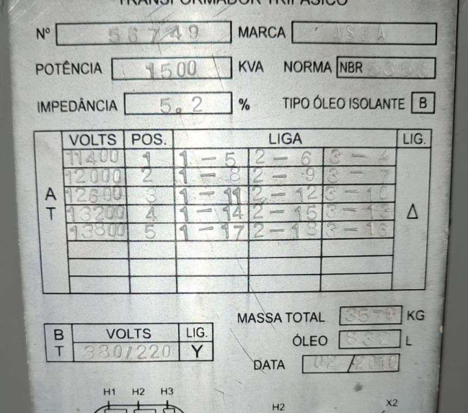 Transformador Trifásico ASEA Elétrica, 1500KVA, N° Série: 56749