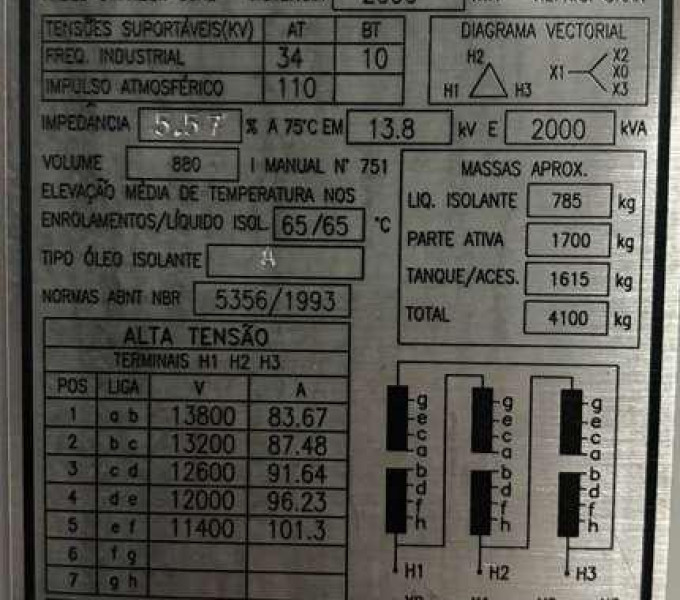Transformador Trifásico WEG, 2000KVA, N° Série: 206170