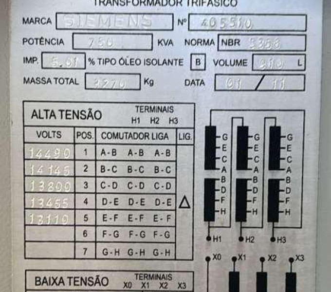 Transformador Trifásico SIEMENS 750KVA, 2011, N° Série: 405510