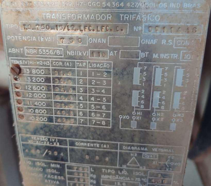 Transformador Trifásico DEDINI, 750KVA, N° Série: 9211446