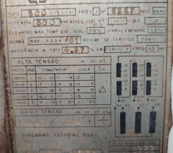 Transformador Trifásico ROMAGNOLE, 500KVA, N° Série: 6367