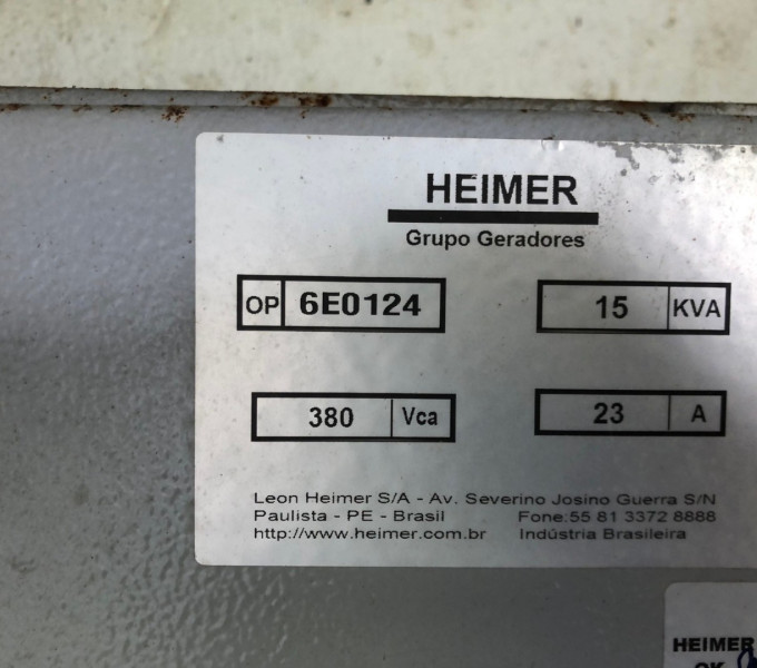 01 GERADOR DIESEL HEIMER , 15KVA (OBS: CONTÉM BATERIA MOURA, 01 QUADRO HEIMER, 03 PAINES GMS, SEM CABO ELÉTRICO)