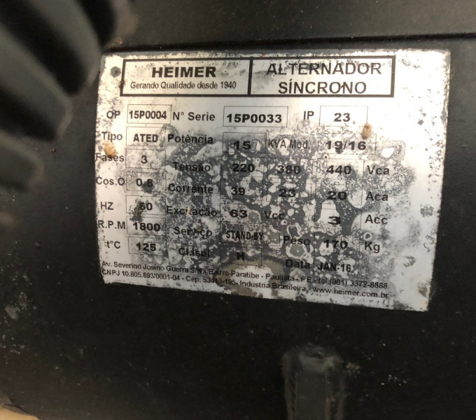 01 GERADOR DIESEL HEIMER , 15KVA (OBS: CONTÉM BATERIA MOURA, 01 QUADRO HEIMER, 03 PAINES GMS, SEM CABO ELÉTRICO)