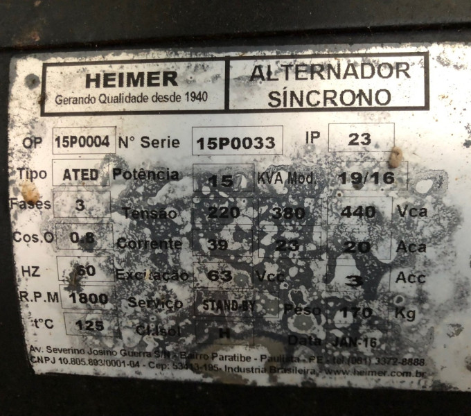 01 GERADOR DIESEL HEIMER , 15KVA (OBS: CONTÉM BATERIA MOURA, 01 QUADRO HEIMER, 03 PAINES GMS, SEM CABO ELÉTRICO)