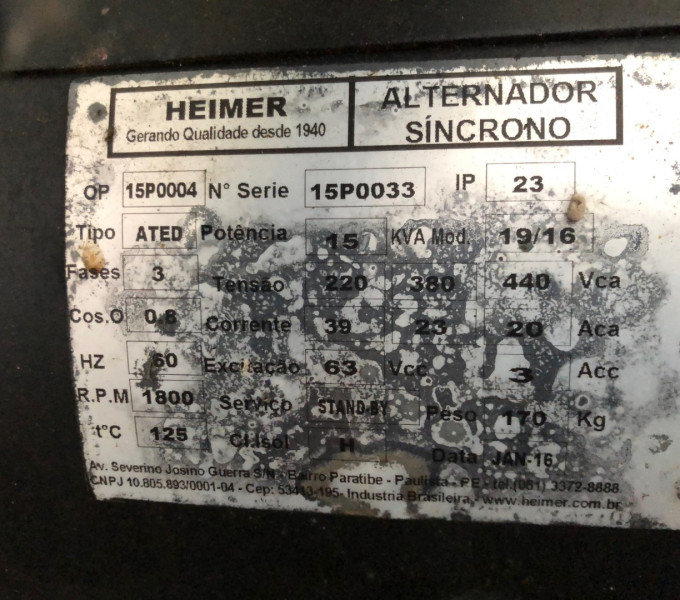 01 GERADOR DIESEL HEIMER , 15KVA (OBS: CONTÉM BATERIA MOURA, 01 QUADRO HEIMER, 03 PAINES GMS, SEM CABO ELÉTRICO)