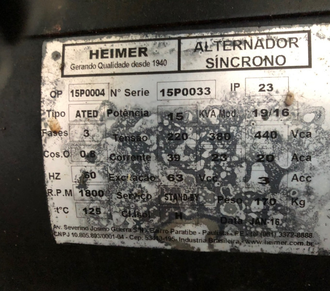 01 GERADOR DIESEL HEIMER , 15KVA (OBS: CONTÉM BATERIA MOURA, 01 QUADRO HEIMER, 03 PAINES GMS, SEM CABO ELÉTRICO)